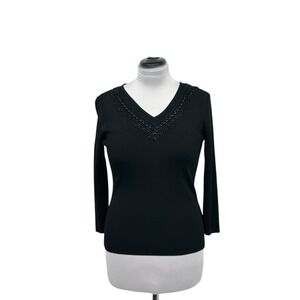 Jones New York Collection Beaded V-Neck Top Long Sleeve Sweater Knit‎ Top M